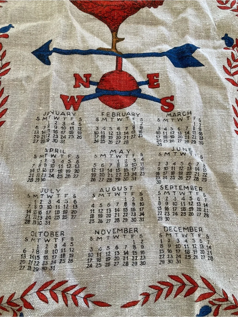 Vintage 1974 Linen Tea Towel Calendar with Large ROOSTER & Weathervane  EUC